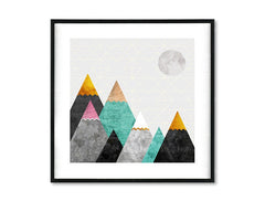 Rustikální obraz na plátně s motivem Moonlight, hory, měsíc, geometrické vzory, mapa v růžovo-šedých odstínech, klidná atmosféra, vhodný do dětského pokoje – hlavní