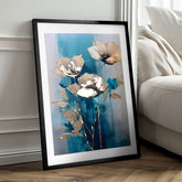 Moderní obraz na plátně v zlato-tyrkysových odstínech, elegantní atmosféra, příroda a luxusní dojem | Plakát na stěnu s EXTRA efektom - Teal Flowers – produkt