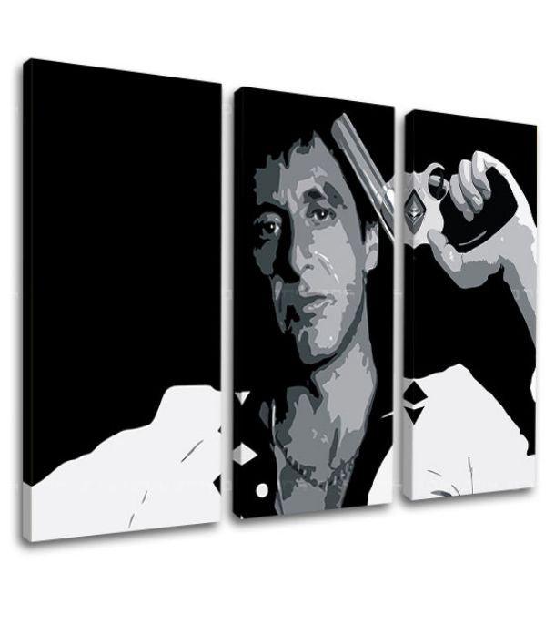 Pop art obraz na plátně s motivem Tony Montana so zbraňou v ruke v bílo-šedých odstínech, intenzivní atmosféra, filmový svět a síla a moc | Největší mafiáni na plátně Scarface - Tony Mon..., pohled 3