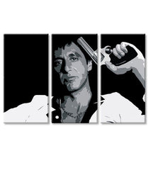 Pop art obraz na plátně s motivem Tony Montana so zbraňou v ruke v bílo-šedých odstínech, intenzivní atmosféra, filmový svět a síla a moc | Největší mafiáni na plátně Scarface - Tony Mon..., pohled 4