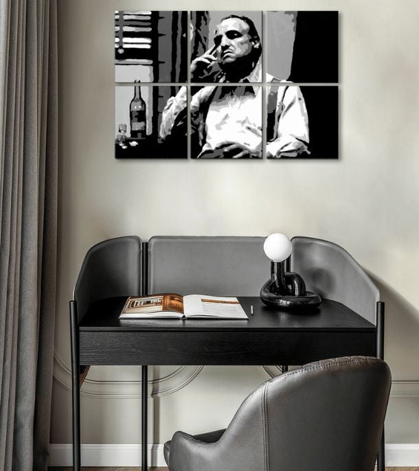 Pop art obraz na plátně s motivem The Godfather - Vito Corleone s lahví škótskej, doutník, lahev v bílo-černých odstínech, melancholická atmosféra – hlavní