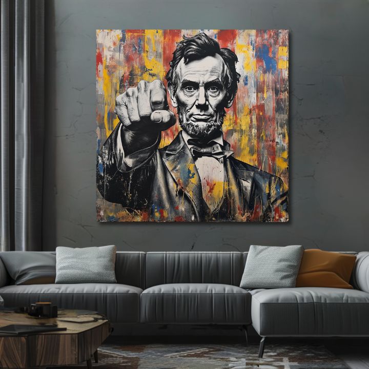 Umělecké dílo s portrétem Abrahama Lincolna se zaťatou pěstí na barevném pozadí, zavěšené v moderním stylovém interiéru nad dřevěnou konzolí s vázou a svíčkou, Papilora.