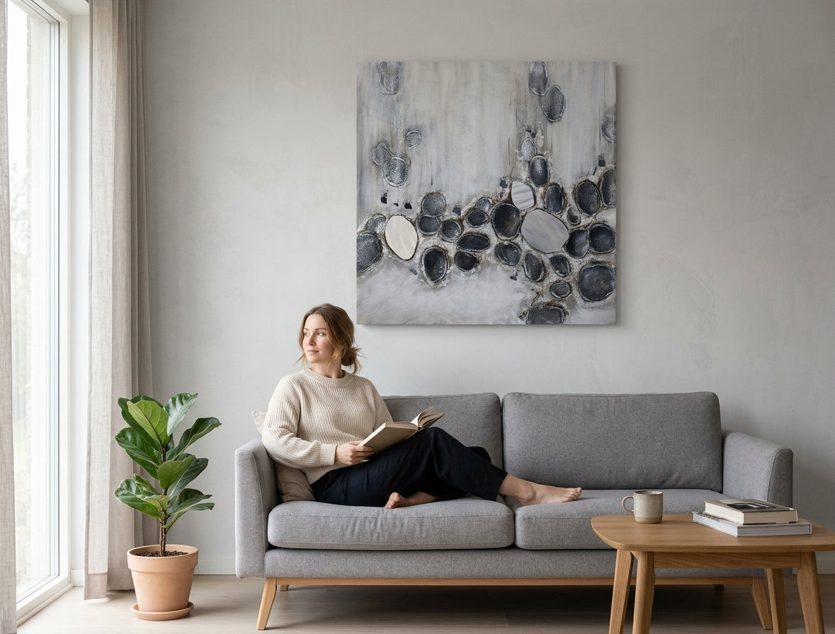Malovaný obraz na zeď ABSTRAKT 100x100 cm – ručně malovaný obraz v elegantním interiéru (Golden hour luxe) | wall mockup | premium canvas | Papilora.sk
