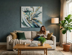 Malovaný obraz na zeď ABSTRAKT 100x100 cm – ručně malovaný obraz v elegantním interiéru (Mid-century warm) | wall mockup | premium canvas | Papilora.sk