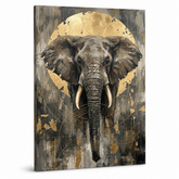 Detailní pohled na obraz afrického slona se zlatými akcenty na plátně, 3D vizualizace s viditelnou strukturou dřevěného rámu, Papilora Premium Art.