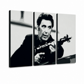 Ručně malovaný obraz POP Art AL PACINO 3 díly al4 – 3D vizualizace ručně malovaného plátna na bílém pozadí. Dominantní barvy: černá, bílá, šedá.