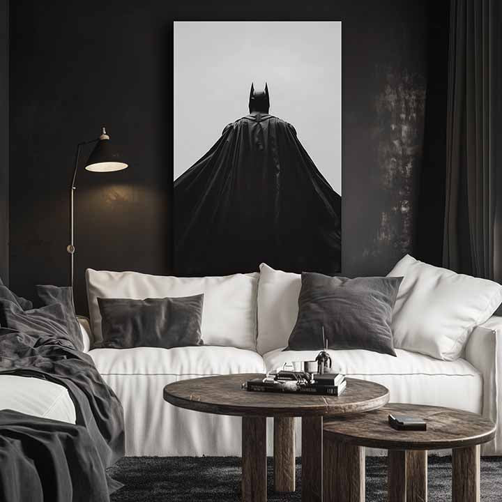 Moderní obraz na plátně s motivem Batman: Strážca noci v černo-bílých odstínech, dramatická atmosféra, samota a síla a moc | Obraz Batman: Strážca noci – produkt