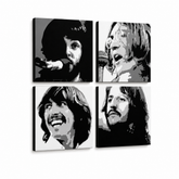 Ručně malovaný obraz POP Art BEATLES 4 dílná bea4 – 3D vizualizace ručně malovaného plátna na bílém pozadí. Dominantní barvy: černá, bílá, šedá.
