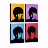 Ručně malovaný obraz POP Art BEATLES 4 dílná bea6 – 3D vizualizace ručně malovaného plátna na bílém pozadí. Dominantní barvy: žlutá, fialová, modrá, červená, černá.