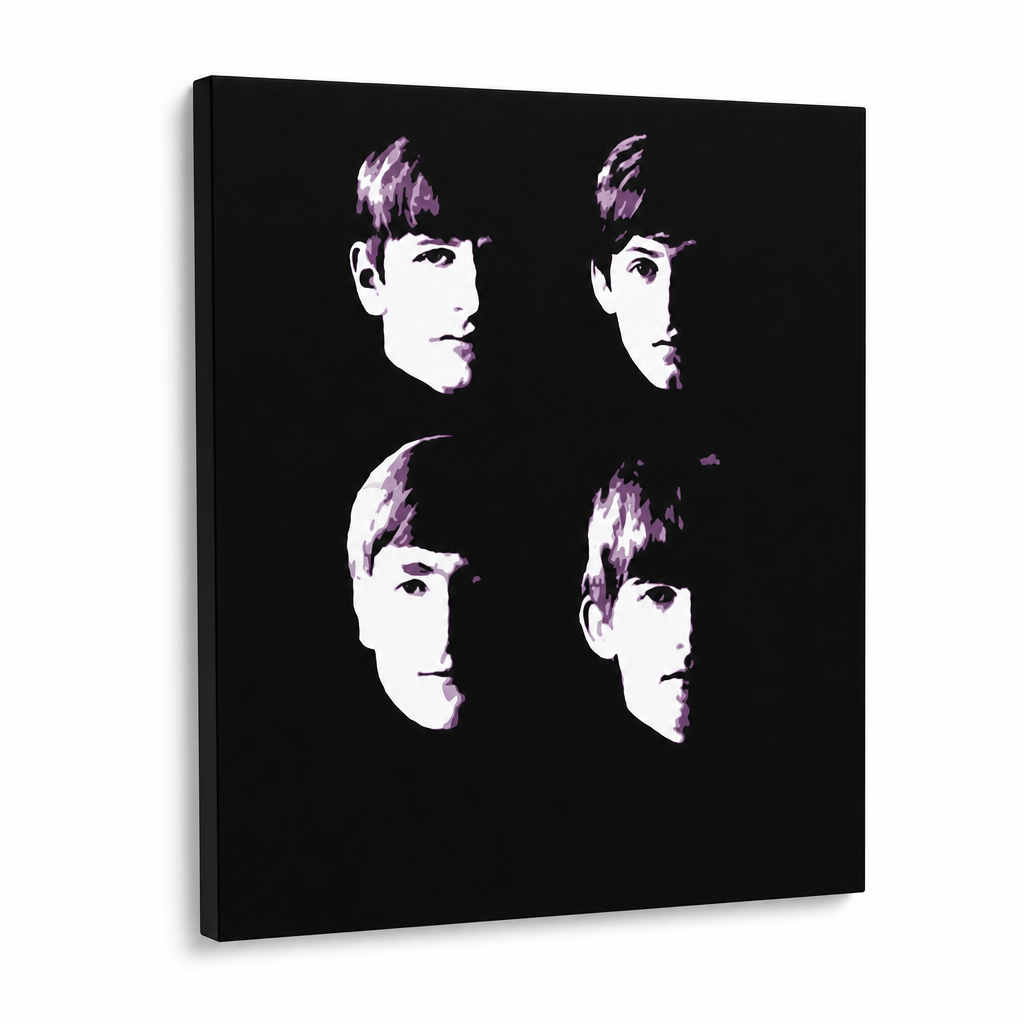 Ručně malované plátno s portréty členů The Beatles v bílé a fialové barvě na černém pozadí, s viditelným dřevěným rámem, Papilora.