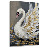 Obraz bílá labuť na plátně — 3D vizualizace canvasu s viditelným dřevěným rámem a zlatými akcenty, Papilora Premium Art.
