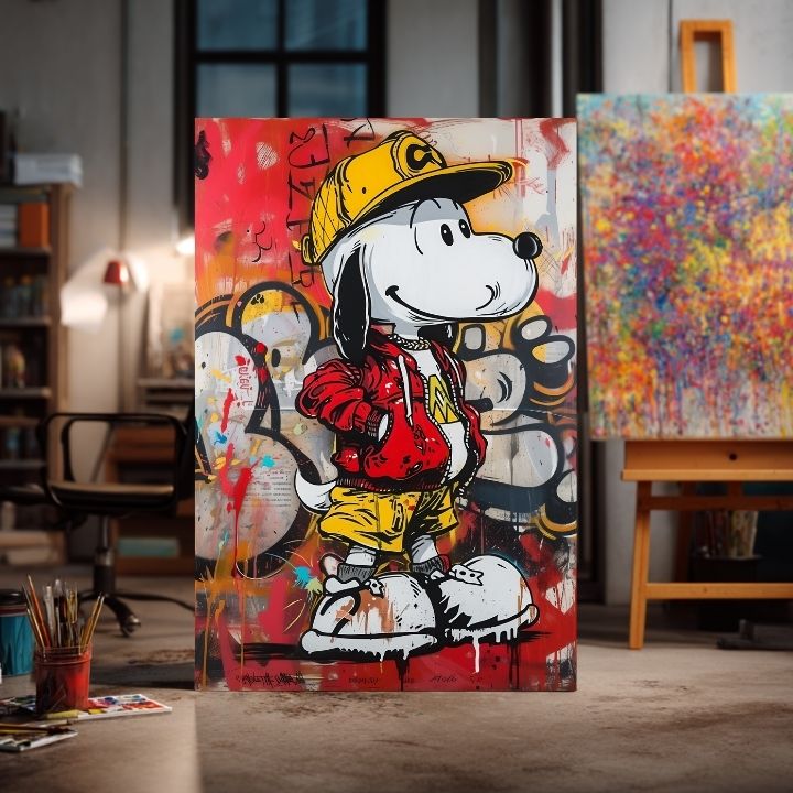 Obraz Snoopyho v hip-hop stylu visí v moderním interiéru nad dřevěnou konzolí s vázou a svíčkou Papilora.