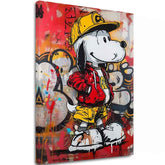 Moderní obraz na plátně s motivem Cool Snoopy na plátně v červeno-žlutých odstínech, energická atmosféra, popkultura a městský život | Obraz Cool Snoopy na plátně – hlavní