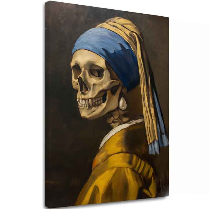 Obraz s motivem lebky s modrým turbanem a perlovou náušnicí na plátně s viditelným dřevěným rámem Papilora.