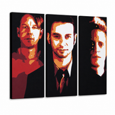 Ručně malovaný obraz POP Art Depeche Mode 3 díly dep2 – 3D vizualizace ručně malovaného plátna na bílém pozadí. Dominantní barvy: černá, červená, oranzová, bílá.