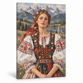 Portrét mladé ženy v tradičním lidovém kroji na plátně, 3D vizualizace canvasu s viditelným dřevěným rámem, Papilora Premium Art.