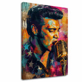 Moderní obraz na plátně s motivem Elvis Presley - Zlatý hlas rock’n’rollu, mikrofon v oranžovo-fialových odstínech, energická atmosféra | Obraz Elvis Presley - Zlatý hlas rock’n’rollu – hlavní