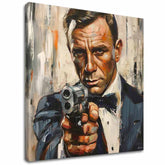 Moderní obraz na plátně s motivem James Bond - Nebezpečná elegance v oranžových odstínech, intenzivní atmosféra, filmový svět | Obraz James Bond - Nebezpečná elegance – hlavní