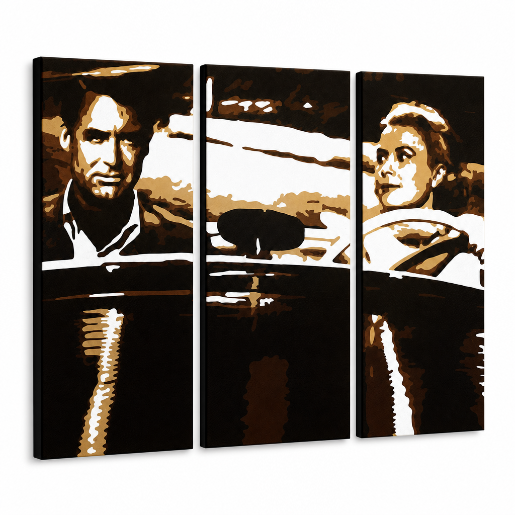 Ručně malovaný obraz POP Art James Bond 3 díly bond1 – 3D vizualizace ručně malovaného plátna na bílém pozadí. Dominantní barvy: černá, hnědá, bílá.