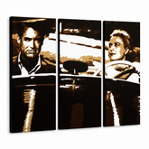 Ručně malovaný obraz POP Art James Bond 3 díly bond1 – 3D vizualizace ručně malovaného plátna na bílém pozadí. Dominantní barvy: černá, hnědá, bílá.