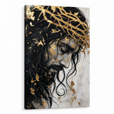 Detailní profilový portrét Ježíše Krista s trnovou korunou, hlava skloněná v pokoře a utrpení na plátně — 3D vizualizace canvasu s viditelným dřevěným rámem, Papilora Premium Art.