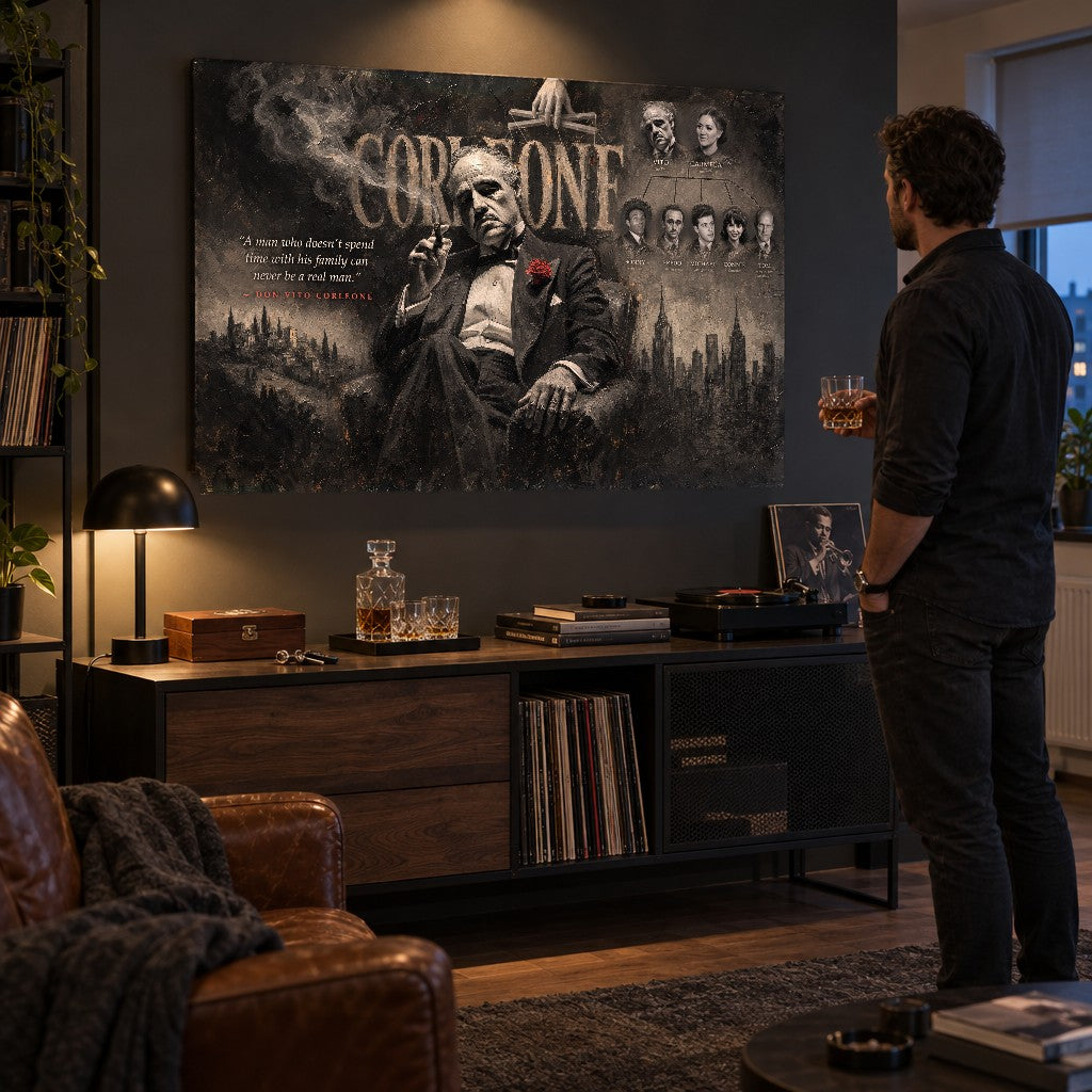 Filmový obraz Kmotr v pánské pracovně, muž s whisky v ruce obdivuje detailní portrét Dona Vita Corleoneho na stěně