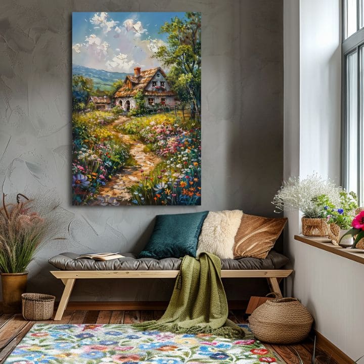 Moderní obraz na plátně s motivem Cesta do rozprávky, hory, obloha v modro-růžových odstínech, klidná atmosféra, domov a příroda, vhodný do obývacího pokoje – produkt