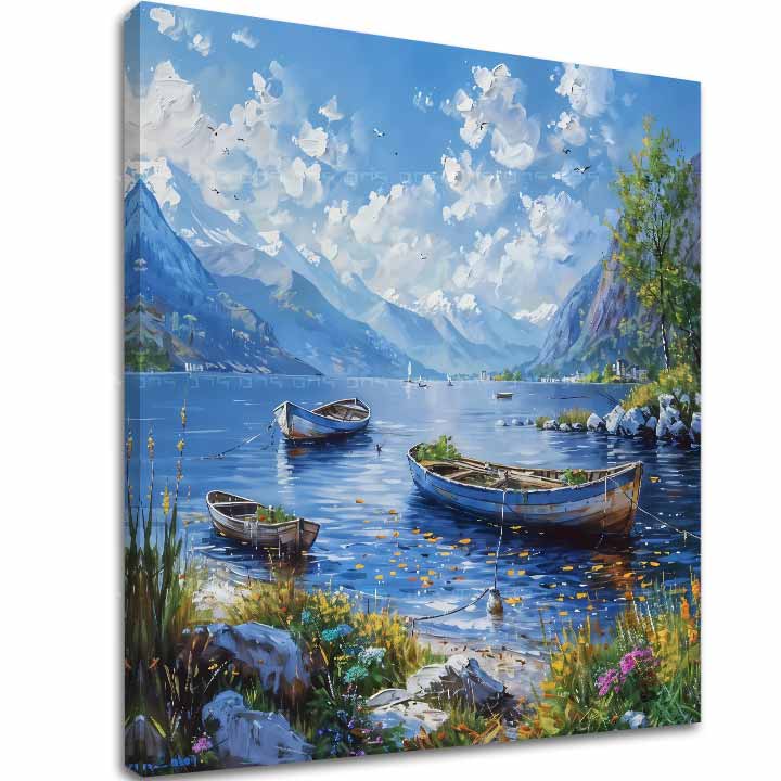 Moderní obraz na plátně s motivem Pokojné jezero, hory, jezero, oblaka, klidná atmosféra, příroda a klid a vyrovnanost | Obraz krajiny na plátně Pokojné jezero – hlavní