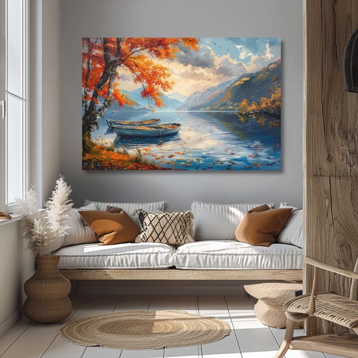 Art deco obraz na plátně s motivem Jesenné listy pri jazere, jezero, stromy, hory, obloha v modro-oranžových odstínech, klidná atmosféra, vhodný do obývacího pokoje – produkt