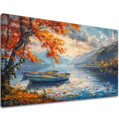 Art deco obraz na plátně s motivem Jesenné listy pri jazere, jezero, stromy, hory, obloha v modro-oranžových odstínech, klidná atmosféra, vhodný do obývacího pokoje – hlavní