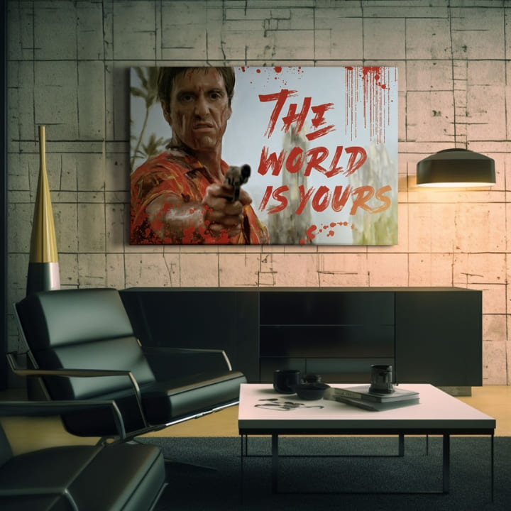 Pop art obraz na plátně s motivem Krvavý Tony Montana so zbraňou v ruke, krajina v bílo-červených odstínech, síla a moc | Scarface obraz na plátně Krvavý Tony Montana so zbraňou v ruke –..., pohled 2
