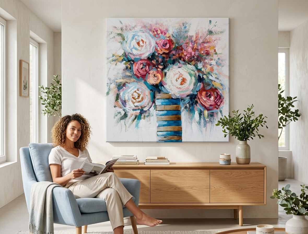 Malovaný obraz na zeď KVĚTY 70x70 cm – ručně malovaný obraz v elegantním interiéru (Scandi cream) | wall mockup | premium canvas | Papilora.sk