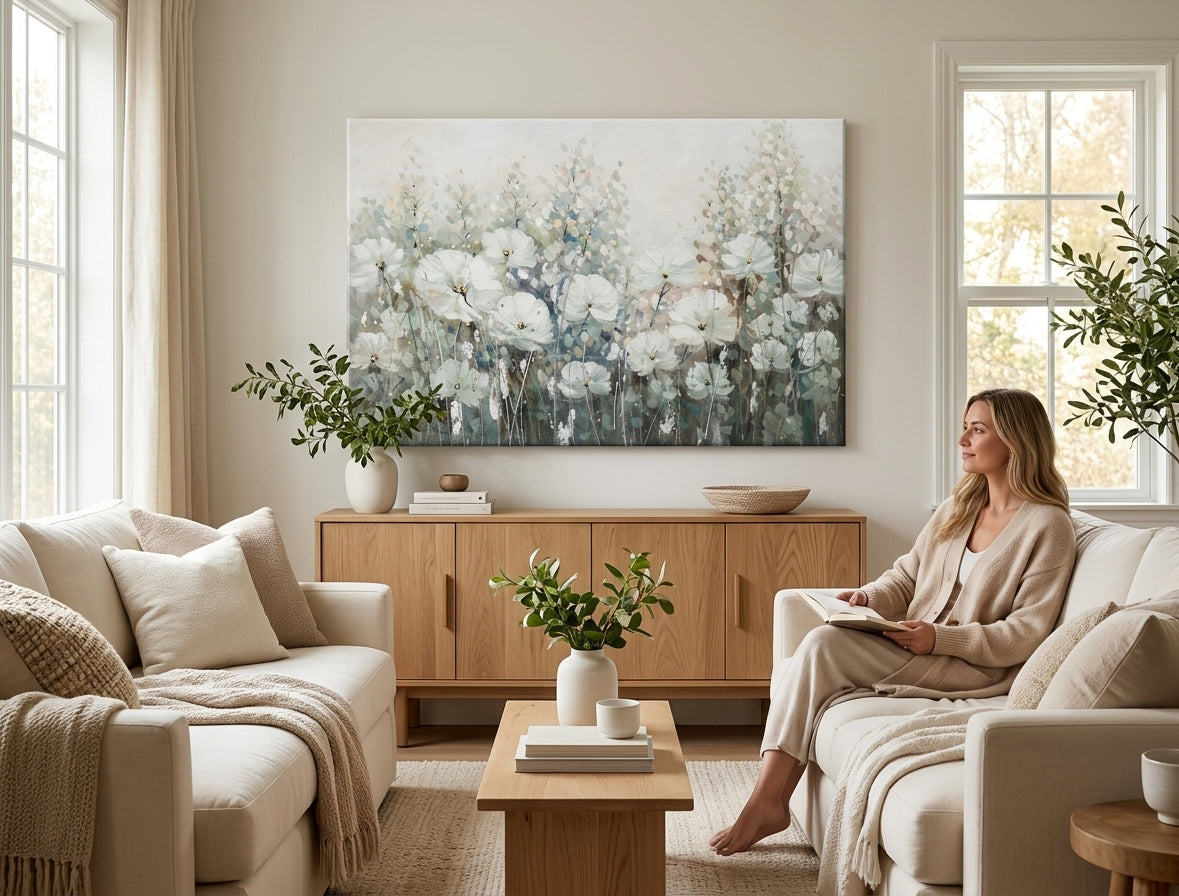 Malovaný obraz na zeď KVĚTY 120x80 cm – ručně malovaný obraz v elegantním interiéru (Scandi cream) | wall mockup | premium canvas | Papilora.sk