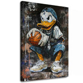 Moderní obraz na plátně s motivem LeBron Duck na plátně v bílo-stříbrných odstínech, městská atmosféra, popkultura a nostalgie | Obraz LeBron Duck na plátně – hlavní