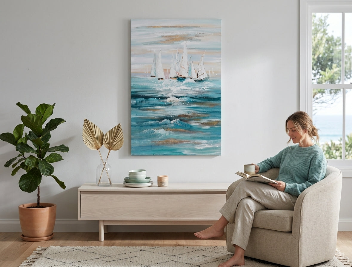 Malovaný obraz na zeď LOĎKY 90x60 cm – ručně malovaný obraz v elegantním interiéru (Scandi cream) | wall mockup | premium canvas | Papilora.sk