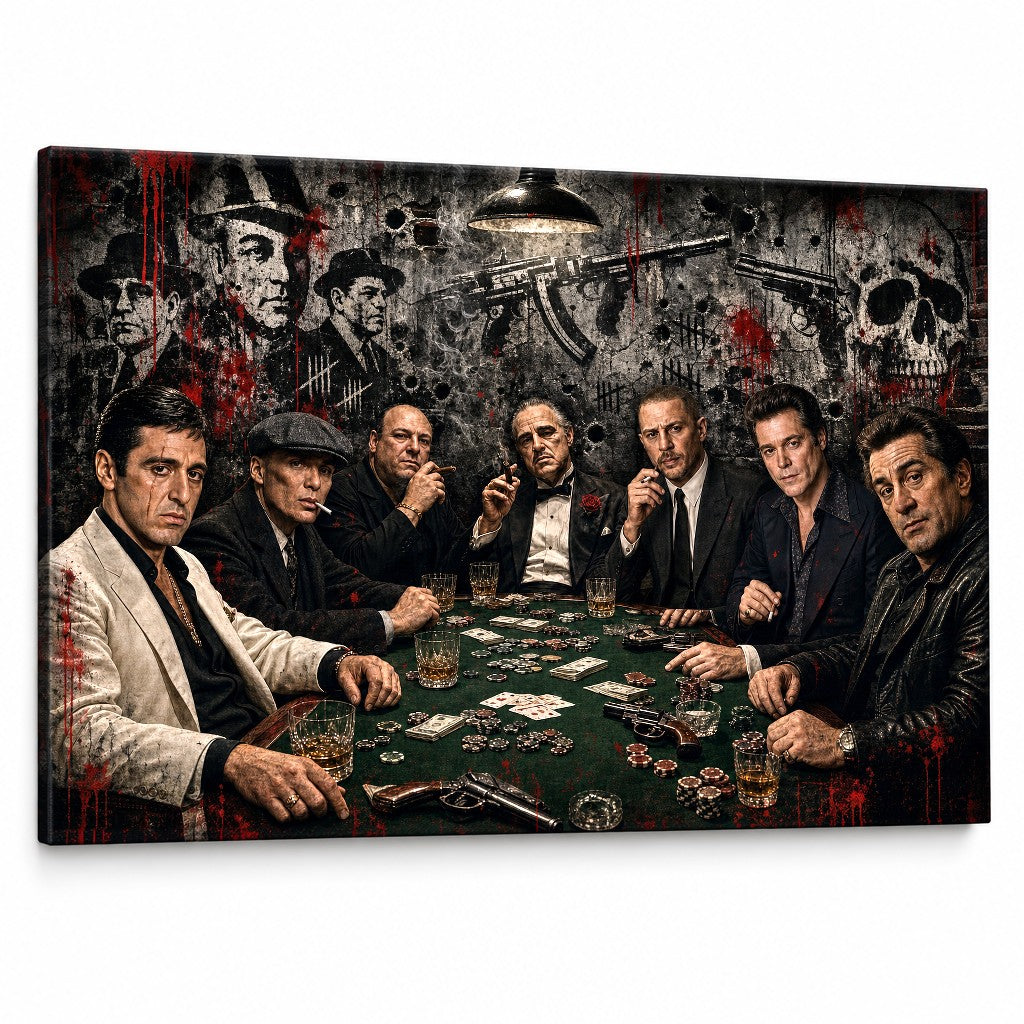 Temný obraz mafiánů u pokeru v noir stylu s filmovými legendami na kvalitním bavlněném plátně pro stylový interiér od značky Papilora
