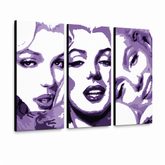 Ručně malovaný obraz POP Art Marilyn MONROE 3 dílný mon4 – 3D vizualizace ručně malovaného plátna na bílém pozadí. Dominantní barvy: fialová, bílá, černá.
