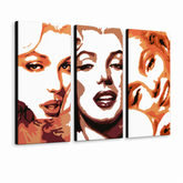 Ručně malovaný obraz POP Art Marilyn Monroe 3 dílný mon2 – 3D vizualizace ručně malovaného plátna na bílém pozadí. Dominantní barvy: oranžová, hnědá, bílá.