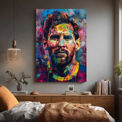 Umělecké dílo s portrétem Lionela Messiho v pop-artovém stylu, zavěšené v moderním stylovém interiéru nad dřevěnou konzolí s vázou a svíčkou, Papilora.