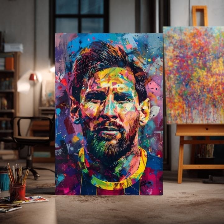 Umělecké dílo s portrétem Lionela Messiho v pop-artovém stylu, zavěšené v moderním stylovém interiéru nad dřevěnou konzolí s vázou a svíčkou, Papilora.