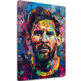 Moderní obraz na plátně s motivem Messi Vibes na plátně v žluto-fialových odstínech, energická atmosféra, sláva | Obraz Messi Vibes na plátně – hlavní
