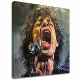 Moderní obraz na plátně s motivem Mick Jagger - Legenda na pódiu, mikrofon v červených odstínech, vášnivá atmosféra, vášeň | Obraz Mick Jagger - Legenda na pódiu – hlavní