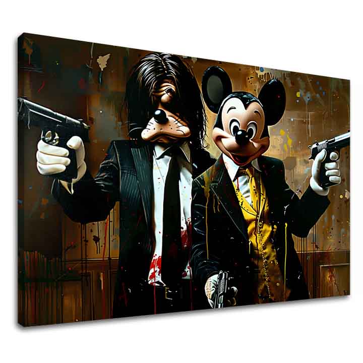Umělecké dílo na plátně zobrazuje Mickey Mouse a Goofyho v gangsterském stylu se zbraněmi, s viditelným dřevěným rámem Papilora.
