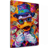 Moderní obraz na plátně s motivem Money Duck, brýle v oranžovo-fialových odstínech, energická atmosféra, popkultura | Obraz Money Duck – hlavní