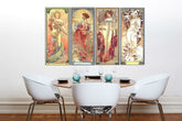 Vintage obraz na plátně s motivem ŠTYRI ROČNÉ OBDOBIA 120x70 cm – Alfons Mucha, mapa v zeleno-zlatých odstínech zavěšený v interiéru kuchyně – interiér