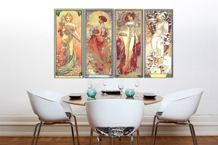 Vintage obraz s motivem ŠTYRI ROČNÉ OBDOBIA 120x70 cm – Alfons Mucha, mapa v zeleno-zlatých odstínech | Obraz na plátně ŠTYRI ROČNÉ OBDOBIA 120x70 cm – Alfons Mucha – náhled
