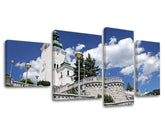 Klasický obraz na plátně s motivem SLOVENSKO, kostel, věž, obloha, oblaka v oranžovo-zelených odstínech, klidná atmosféra, vícedílné provedení – hlavní