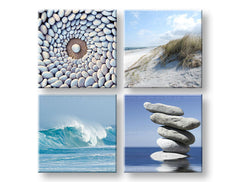 Kolážový obraz na plátně s motivem Harmony, oceán, pláž, vlny, moře a pláž v bílo-béžových odstínech, klidná atmosféra, příroda, vícedílné provedení – hlavní
