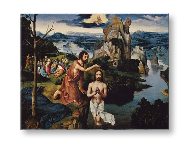 Moderní obraz na plátně s motivem Joachim Patinir - Krst Ježiša Krista, hrad v hnědo-modrých odstínech, slavnostní atmosféra, příroda | Obraz na plátně Joachim Patinir - Krst Ježiša Krist..., pohled 2