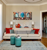 Pop art obraz na plátně s motivem Paolo Veronese - Kristus v Leviho dome v béžovo-modrých odstínech, slavnostní atmosféra, oslava, vhodný do obývacího pokoje – hlavní